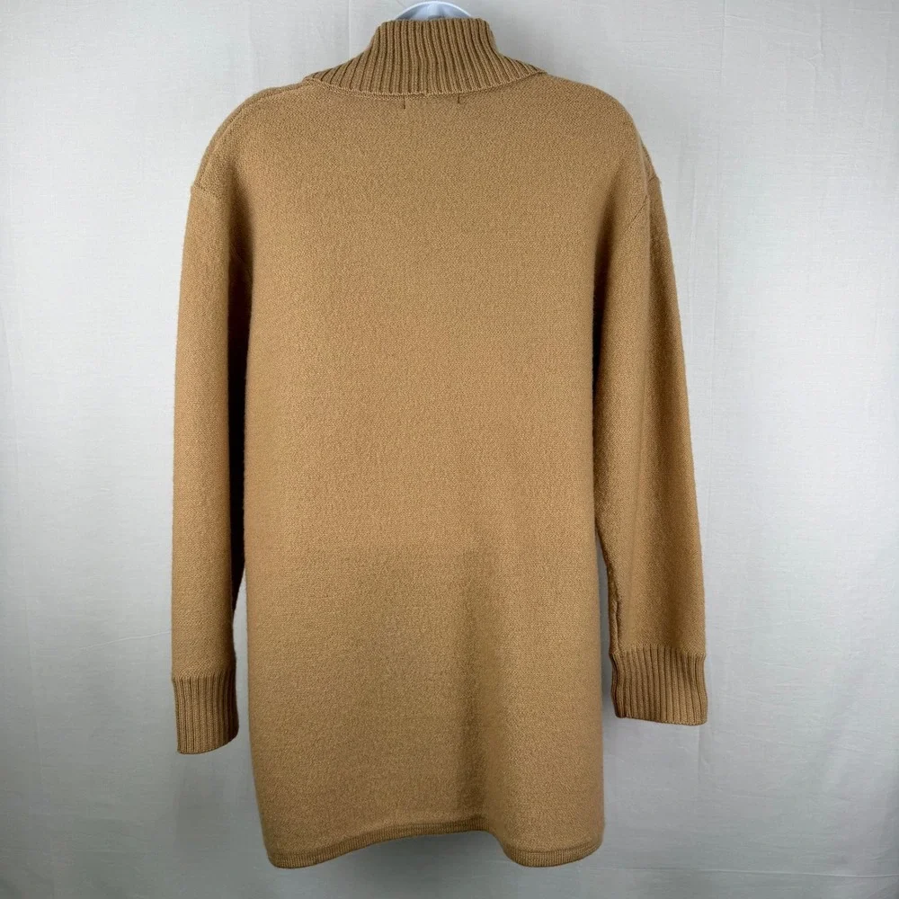 Karen Scott Womens Medium 100% Wool Cardigan Camel Tan Shawl Collar Long Sweater
